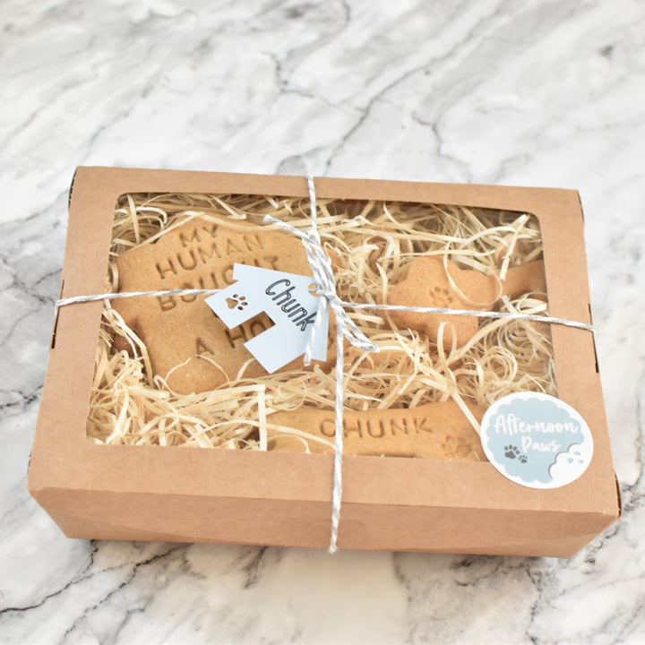 "My Humans Bought a House" Personalised Dog Biscuits Gift Set